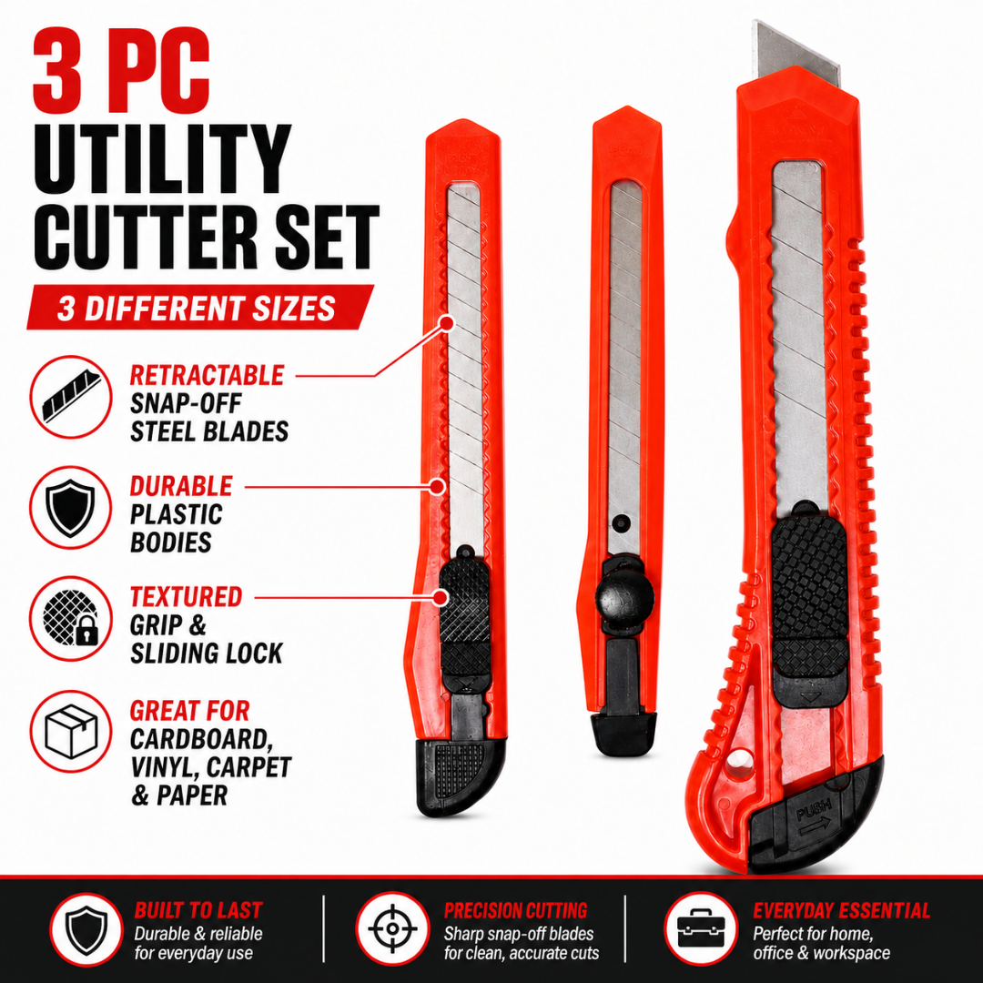 3 Piece Utility Knife Set, Snap-Off Steel Blade Box Cutters in 3 Sizes, Retractable Plastic Handle Cutters for Cardboard, Vinyl, Carpet & Paper – CR-49000