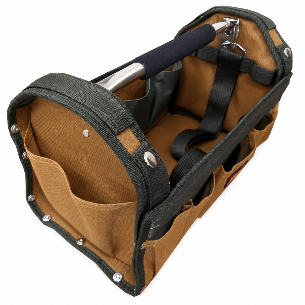 16-Inch Rigid-Side Nylon Tool Bag with Metal Handle, 14 Pockets, 13 Tool Straps, Tape Measure Holder and Shoulder Strap, Tan/Green