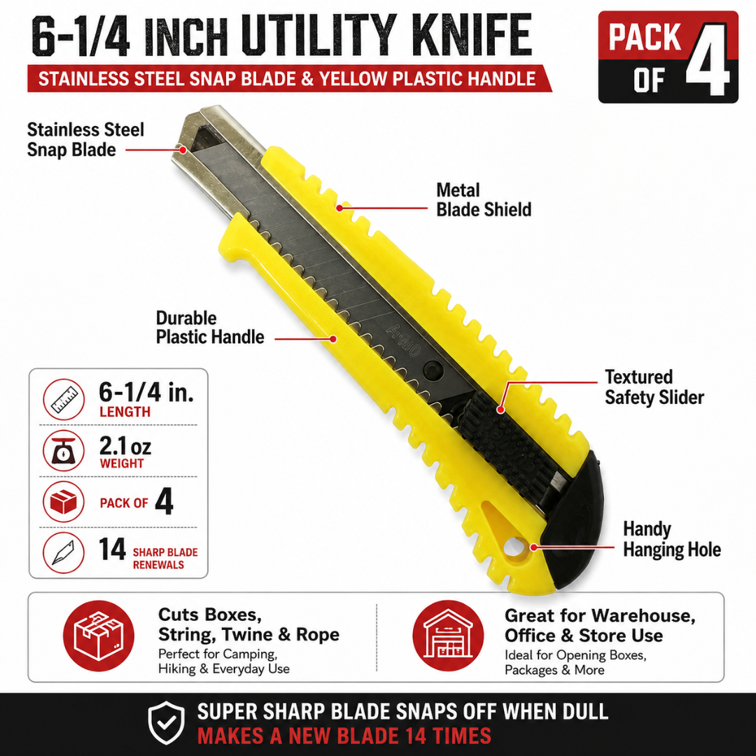6-1/4 Inch Utility Knife with Stainless Steel Snap Blade & Yellow Plastic Handle – Pack of 4 – PK9003-YTD-Z04