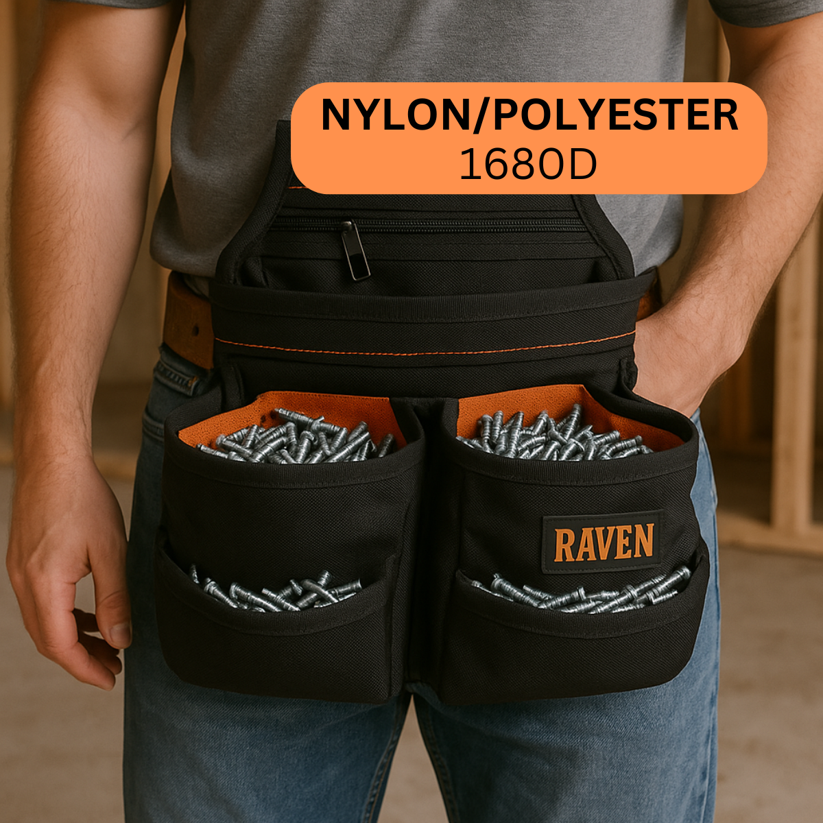 Heavy Duty Framer’s Tool Pouch with 1680D Polyester, 3” Belt Tunnel, Metal Tape Holder & Multi Pockets for Nails, Screws, Tools – Construction Work Belt Pouch Organizer