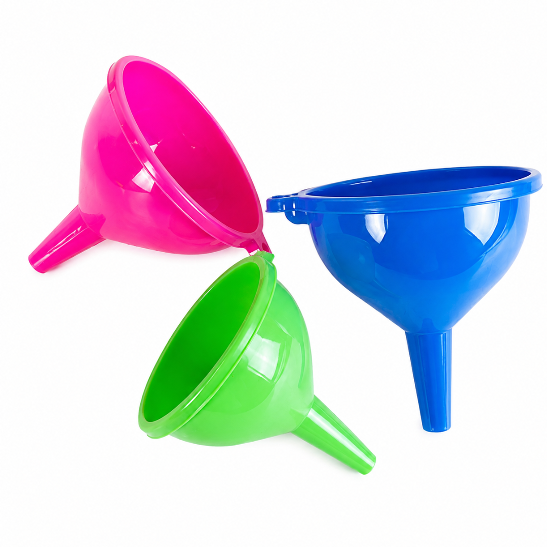 3-Piece Plastic Funnel Set – 3.5", 4.25" & 5" Wide Mouth Funnels – Durable Multi-Size Funnels for Oil, Automotive Fluids, Garage, Workshop & Household Use