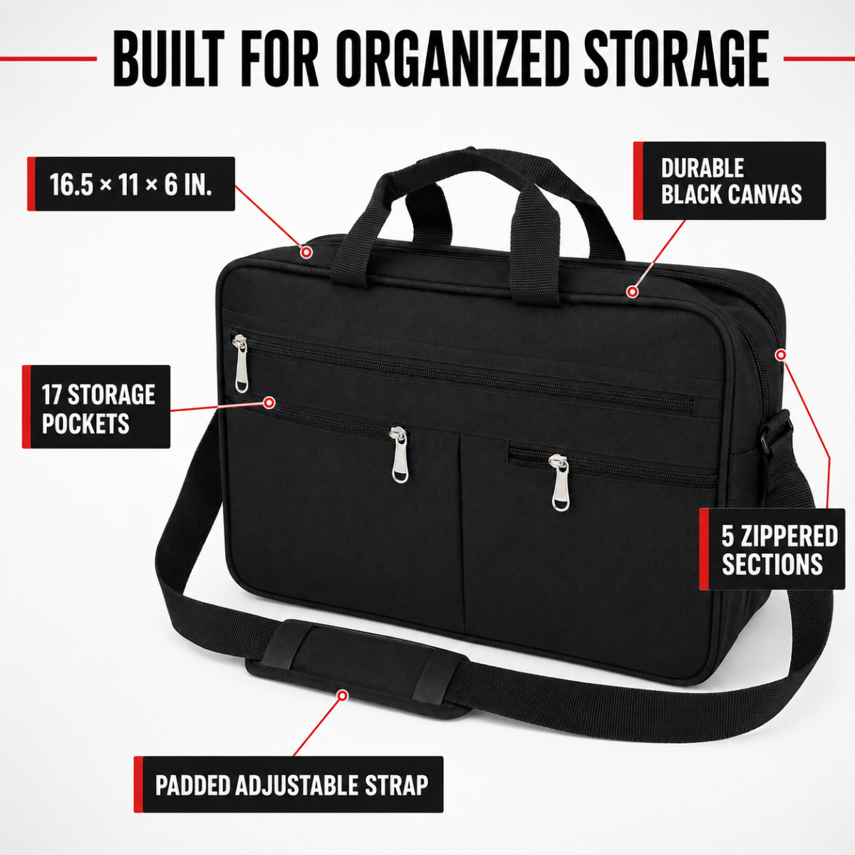 Multi-Purpose Heavy-Duty Black Canvas Tote Bag with 17 Pockets, 5 Zippers, Adjustable Shoulder Strap and Reinforced Bottom – Soft-Sided Tool, Work and Laptop Carrying Bag, 16.5 x 11 x 6 Inches