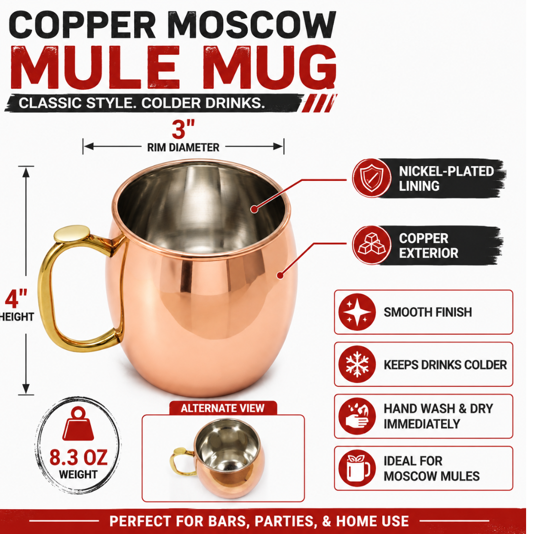4 Inch Copper Moscow Mule Mug with Nickel-Plated Lining, Smooth Finish, Gold-Tone Handle, 3 Inch Rim Diameter – MUG-004-MTU