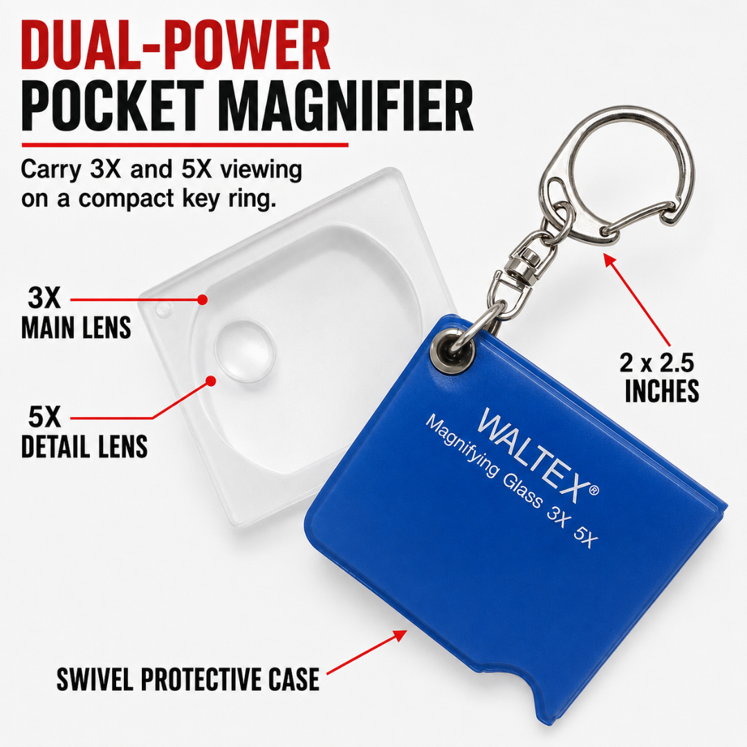 3X/5X Pocket Magnifier with Key Ring – 2.5-Inch Swivel Acrylic Lens with Protective Soft Case and Spring-Loaded Clasp for Reading, Coins and Stamps – MG-30541