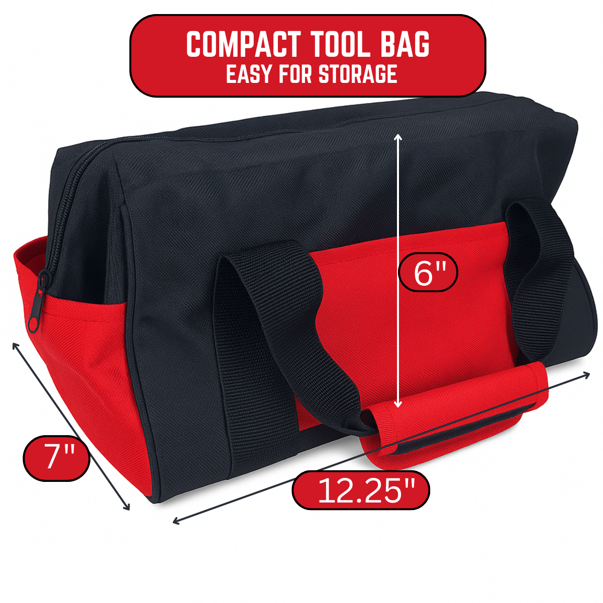 Soft-Sided Tool Bag with 21 Pockets – Opens Like a Doctor’s Bag – Black with Red Trim – 12” Compact Organizer for Hand Tools, Drill, or Craft Supplies