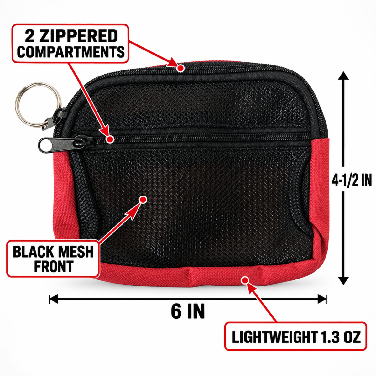 Red Nylon Coin Purse with Belt Loops, 2 Zippered Compartments & Mesh Pocket – 6 x 4-1/2 Inches – GB-12341RD