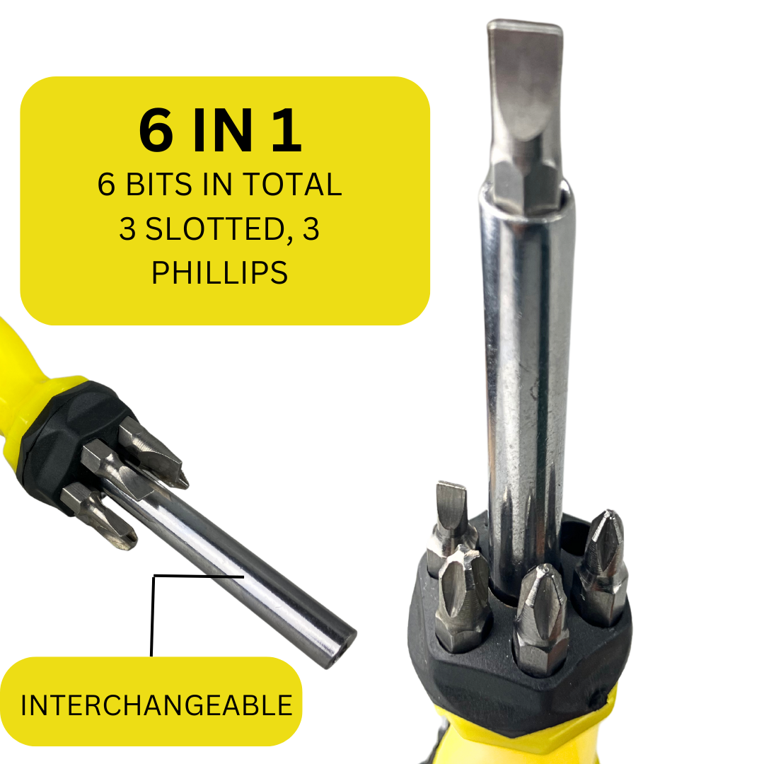 Six In One Tool 6-in-1 Multi-Bit Screwdriver with Storage Handle – Phillips, Slotted ...