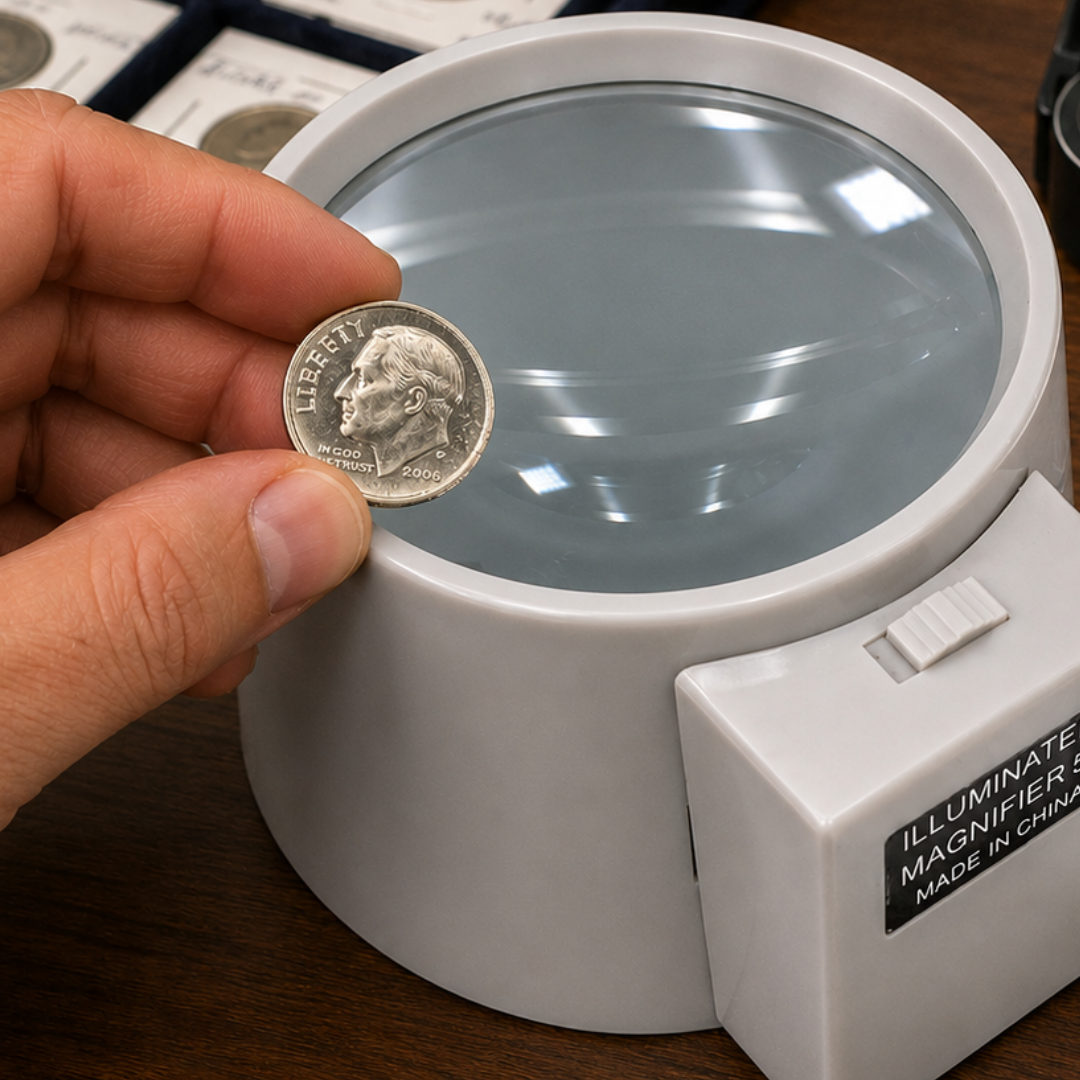 Illuminated Dome Style Magnifier 2.25X Power, 3.5 Inch Lens, Battery Operated Lighted Magnifying Glass for Stamps, Coins, Lab Work & Collectors
