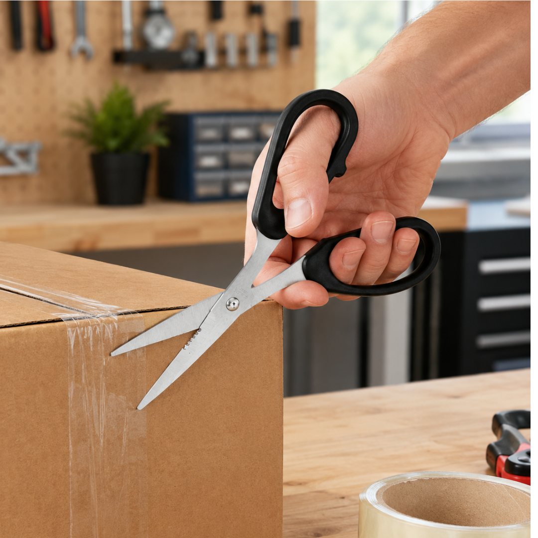 7 Inch Industrial Scissors with Stainless Steel Blades, Black Oversized Plastic Handles, Serrated Blade Section, Heavy Duty General Use Scissors for Home, Office, Workshop & Packaging