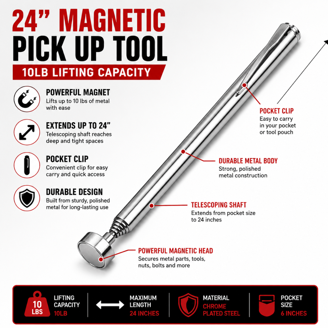 24-Inch Telescoping Magnetic Pickup Tool with Pocket Clip, 10 lb Lifting Capacity – Extendable Magnet for Retrieving Screws, Nuts, Bolts and Metal Tools – S1-EXT-08867
