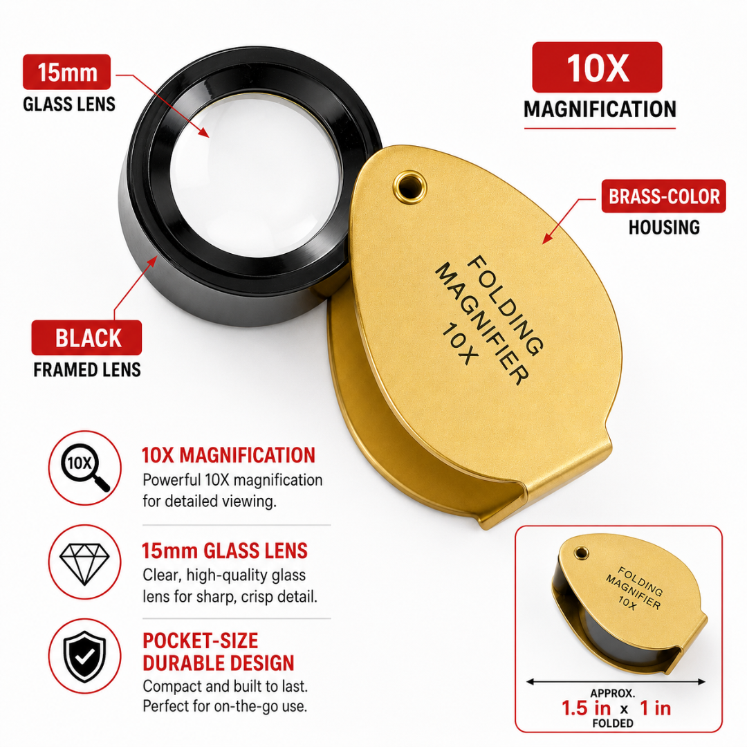 Gold Jeweler’s Loupe Magnifier 10X, Pocket Folding Magnifying Glass with 15mm Lens, Brass-Color Housing, Black Framed Lens for Jewelry, Coins, Stamps, Gems, Hobby Inspection, Pack of 2