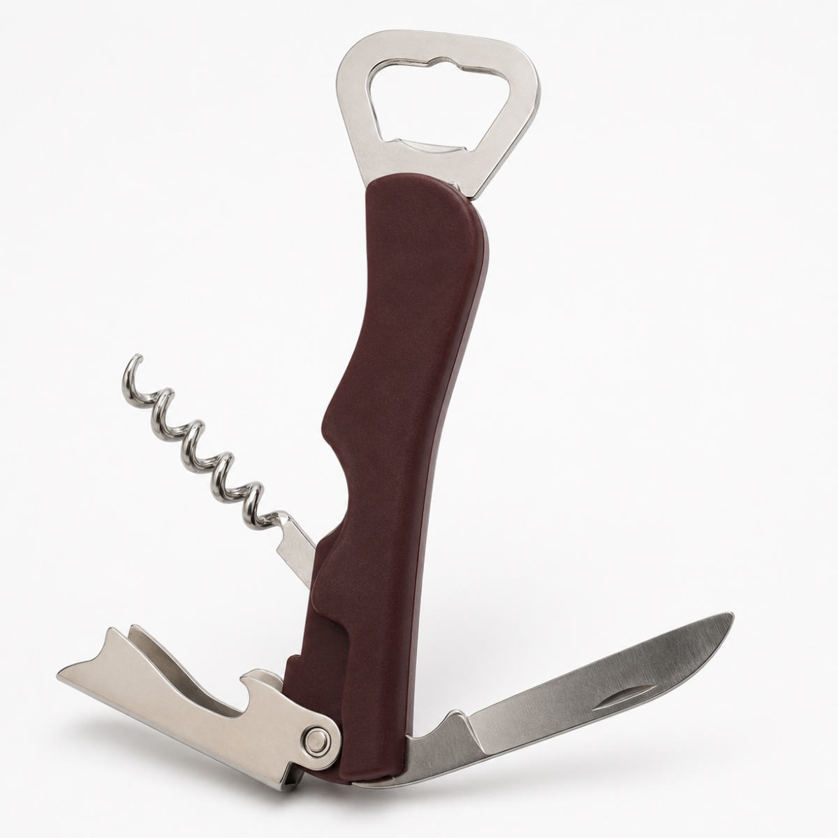 5-1/2 Inch Multipurpose Bottle Opener with Corkscrew and Folding Knife Blade, Stainless Steel Components, Compact Pocket Bar Tool for Wine, Beer and Soda Bottles, Burgundy Handle