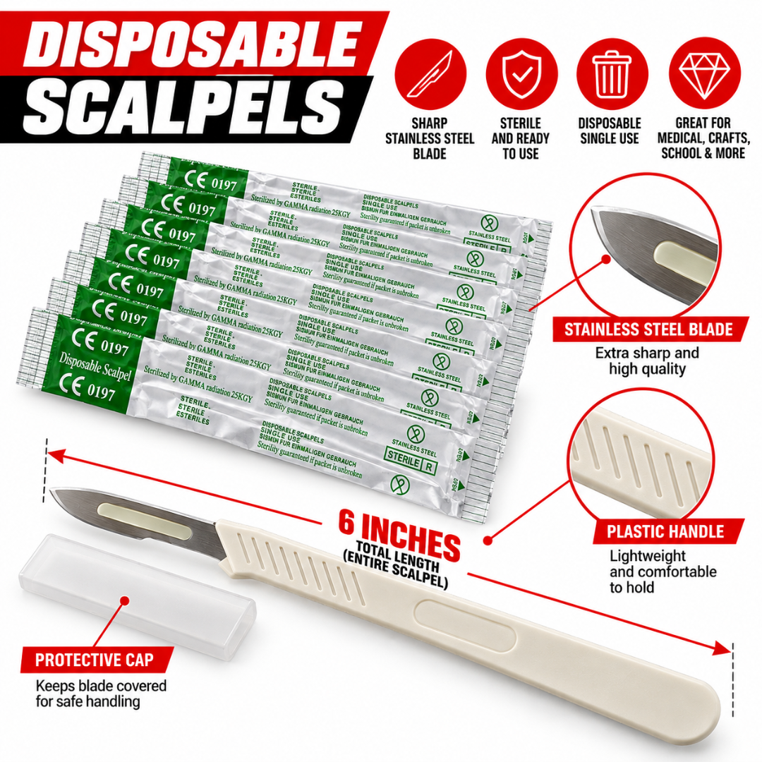 #20 Disposable Scalpel with Stainless Steel Blade, Plastic Handle & Protective Safety Cap, Sterile Individually Sealed Precision Cutting Knife, 6 Inch, Pack of 10 – PL-06120-Z10