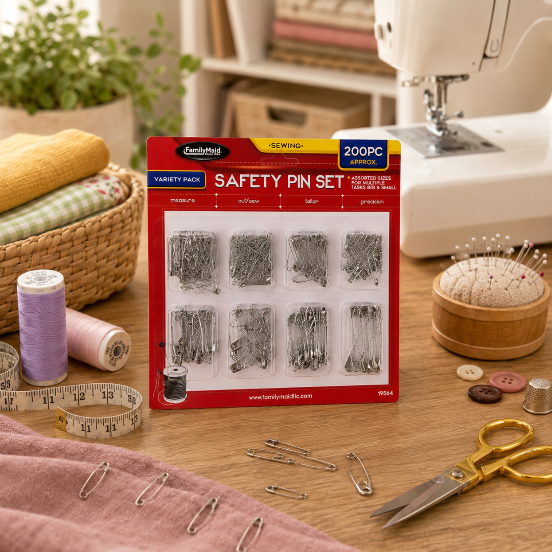 Assorted Safety Pin Set, Approx. 200-Piece Silver-Tone Metal Safety Pins in 8-Section Organizer Tray for Sewing, Tailoring, Crafts and Clothing Repairs