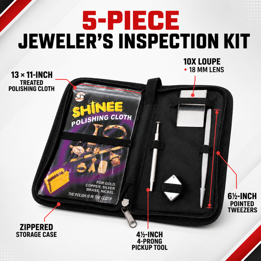 5-Piece Jeweler’s Gemstone Inspection Tool Kit with 10X Loupe, Tweezers, 4-Prong Pickup Tool, Gem Shovel, Polishing Cloth and Zippered Case – TJ100-5