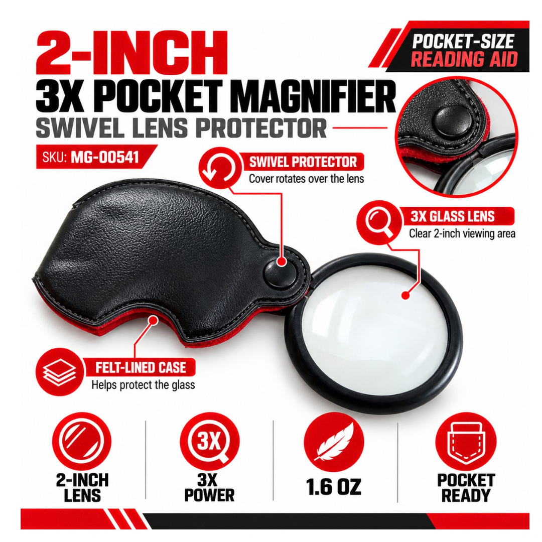 2 Inch Pocket Magnifier with 3X Magnification, Swivel Folding Design and Leatherette Case – MG-00541