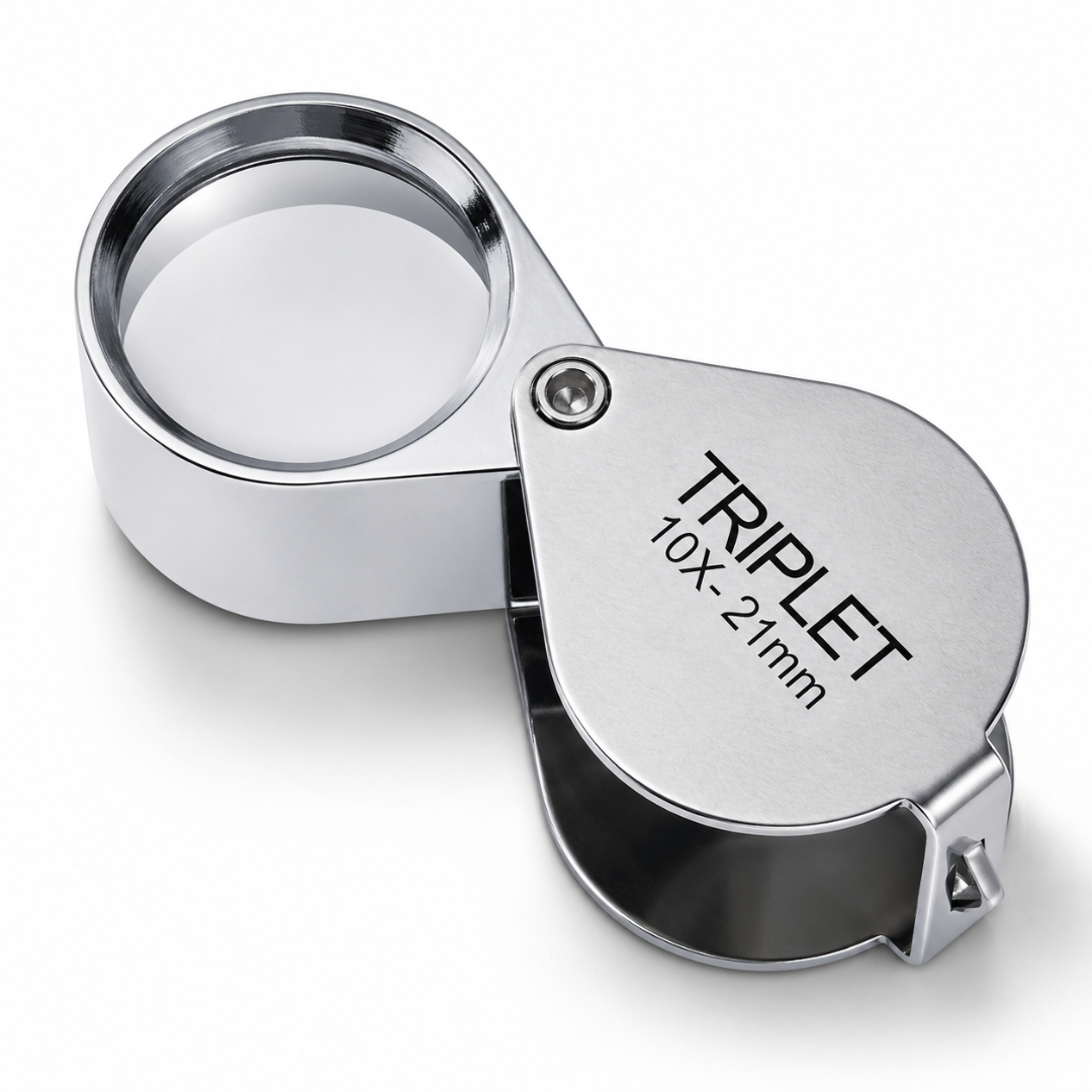 21mm Triplet Jeweler’s Loupe Magnifier – 10X Folding Pocket Magnifying Glass with Stainless Steel Body & Leather Storage Pouch for Jewelry, Coins, Stamps, Watches and Gem Inspection