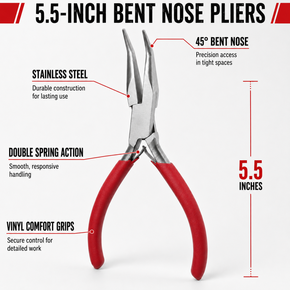 5.5-Inch Bent Nose Pliers for Jewelry Making, Stainless Steel 45-Degree Angled Tips, Double Spring Action, Red Vinyl Comfort Grips for Wire Bending and Jewelry Repair
