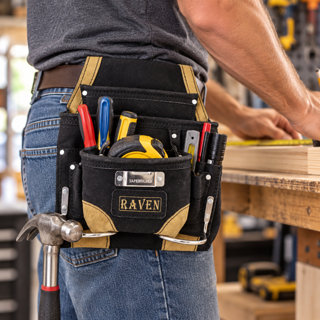 RAVEN Black Leather Tool Pouch with 9 Pockets, 2 Metal Hammer Holders, Heavy-Duty Belt Loop, Double-Stitched Construction for Construction, Roofing, Mechanics & Warehouse Work – AS1101A-BLK