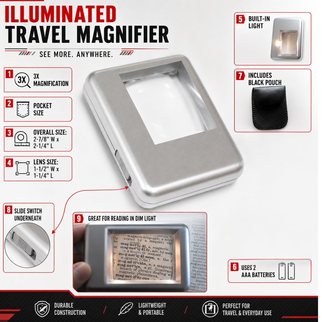 3X Illuminated Pocket Travel Magnifier with Light, Handheld Reading Lens with Black Pouch & 2 AAA Batteries, Compact Magnifying Glass for Receipts, Menus, Fine Print, Theater & Restaurant Use