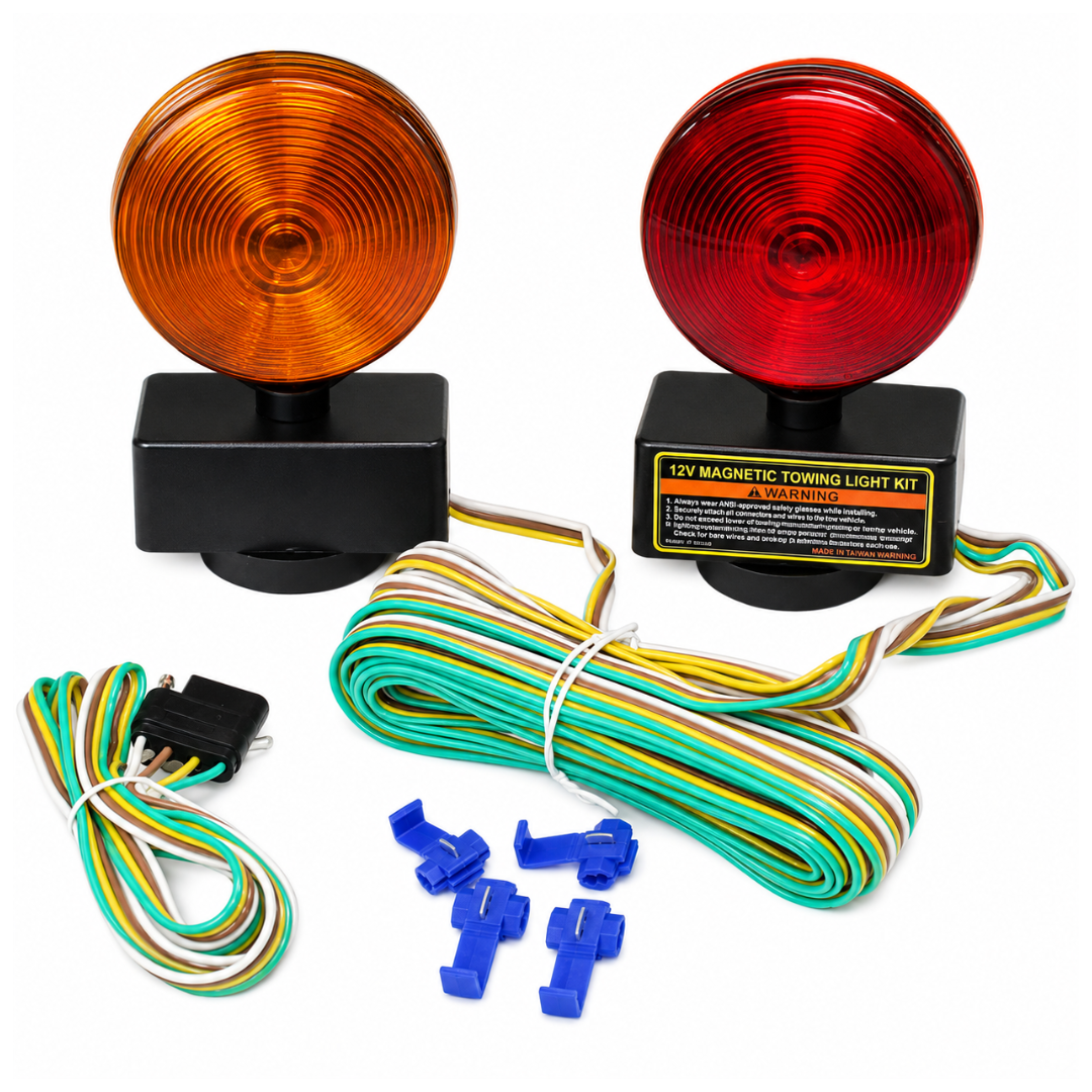 Road Genie DOT-Approved Magnetic Tow Lights – Red & Amber Double-Sided Towing Warning Light Set with 20-Foot Wiring Harness and 4-Pin Connector