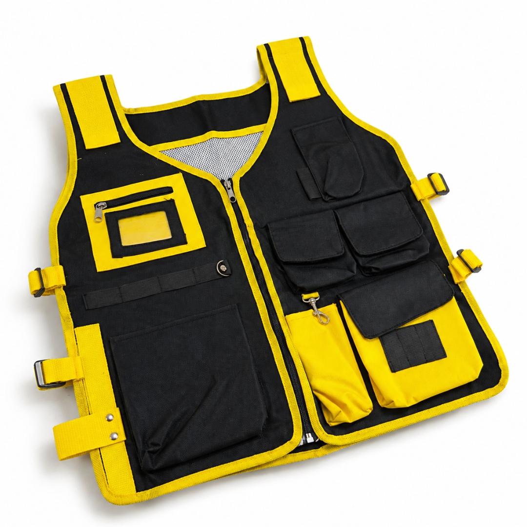 6 Pocket Tool Vest, Heavy Duty Nylon Work Vest with Adjustable Straps, Multi-Pocket Tool Organizer for Construction, DIY, Repair & Workshop Use, Black & Yellow