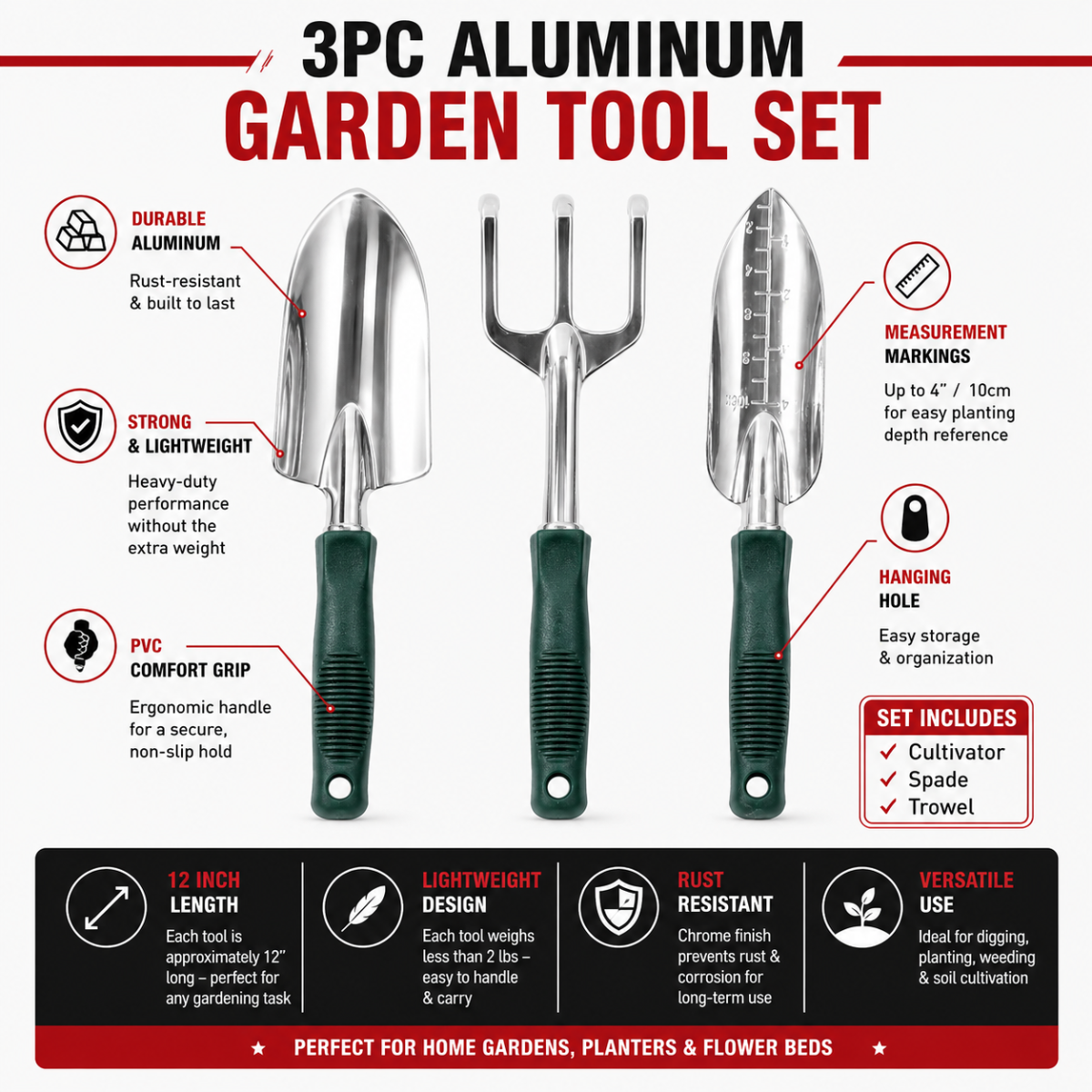 3 Piece 12" Aluminum Garden Hand Tool Set with PVC Handles – Cultivator, Spade & Trowel