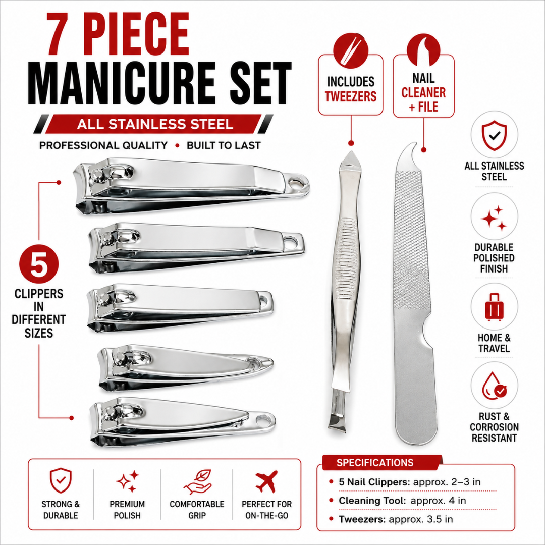7 Piece Stainless Steel Manicure Set with 5 Nail Clippers, Tweezers, Nail Cleaner & File – Grooming Kit for Men & Women, Travel, Home, Purse, Desk or Toiletry Bag