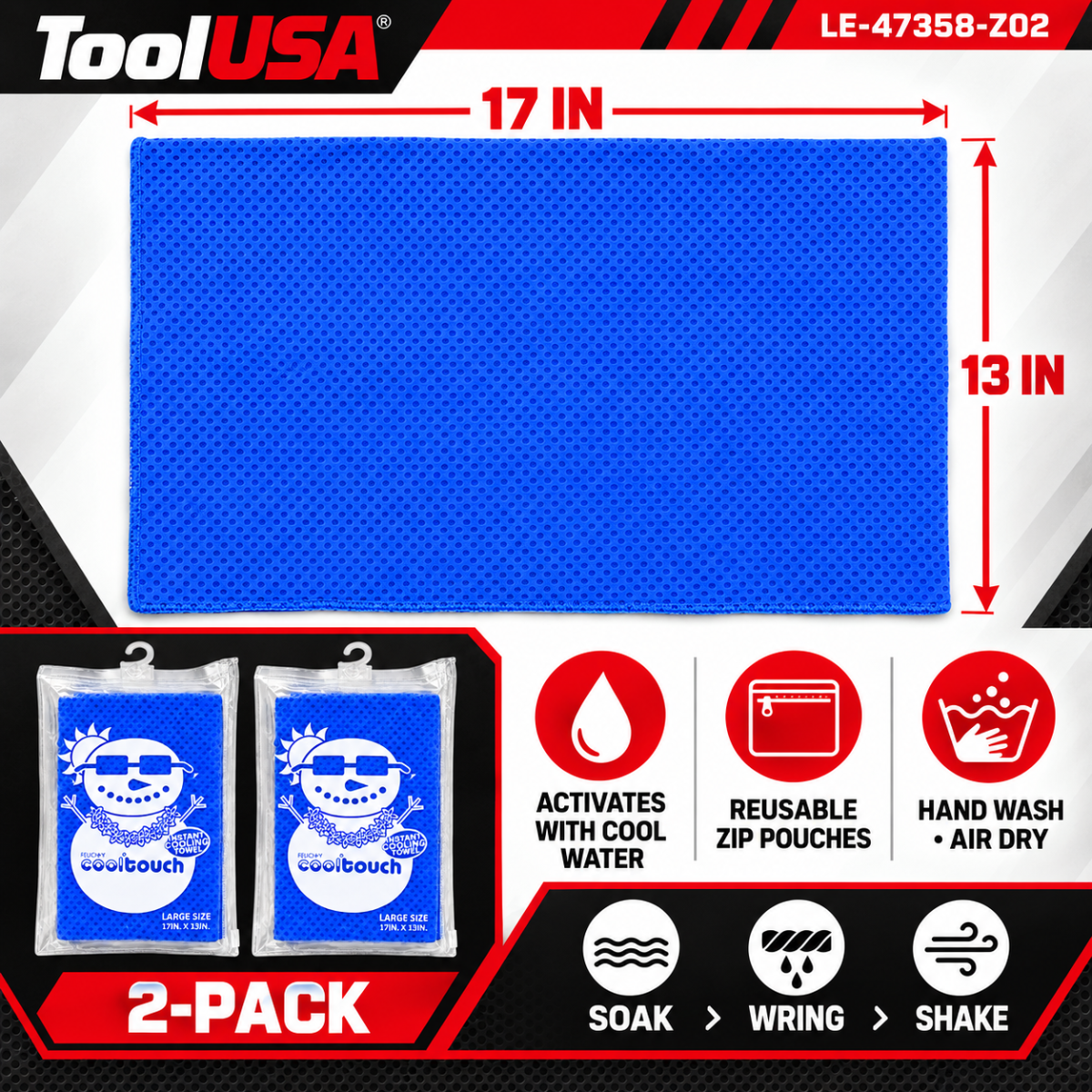 Cool Touch Instant Cooling Towels, Reusable Blue Sports Towels with Zipper Storage Pouches, 17 x 13 Inches, Pack of 2 – LE-47358-Z02