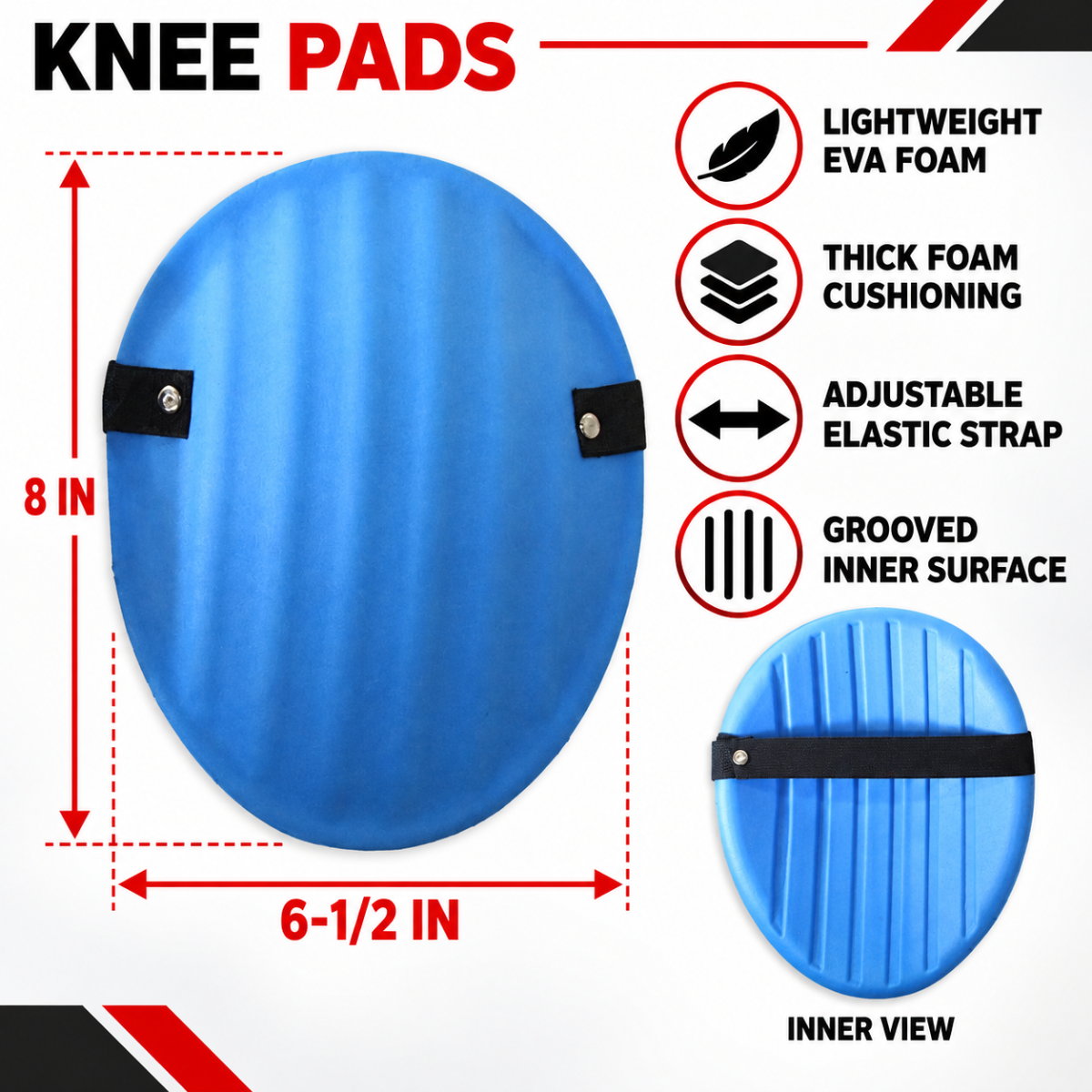 e EVA Foam Knee Pads with Adjustable Elastic Straps, Lightweight Cushioned Pair, 8 x 6-1/2 Inches – SF-09929