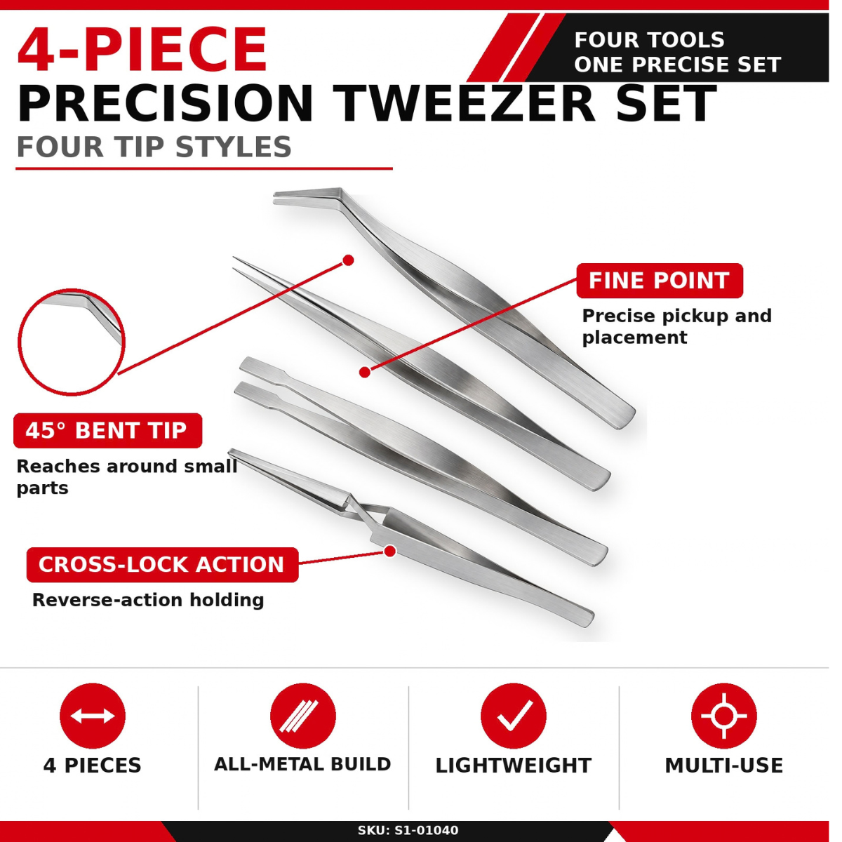 4 Piece Precision Tweezers Set with Cross Lock, Flat Tip, Fine Tip & 45° Bent Tip, All Metal Tweezers for Jewelry, Watch Repair, Crafts, Electronics & Small Parts Handling
