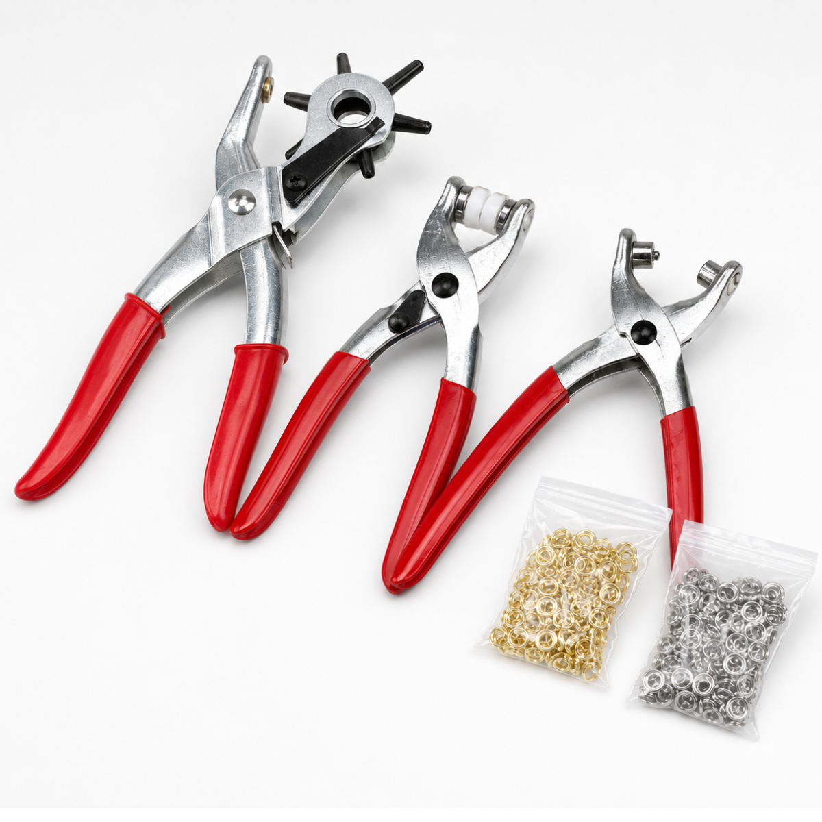 128-Piece Leather Hole Punch and Fastener Set – 6-Size Revolving Punch, Eyelet Pliers, Snap Pliers, 100 Eyelets and 25 Snap Sets – Vinyl-Coated Handles for Belts, Shoes, Bags and Crafts