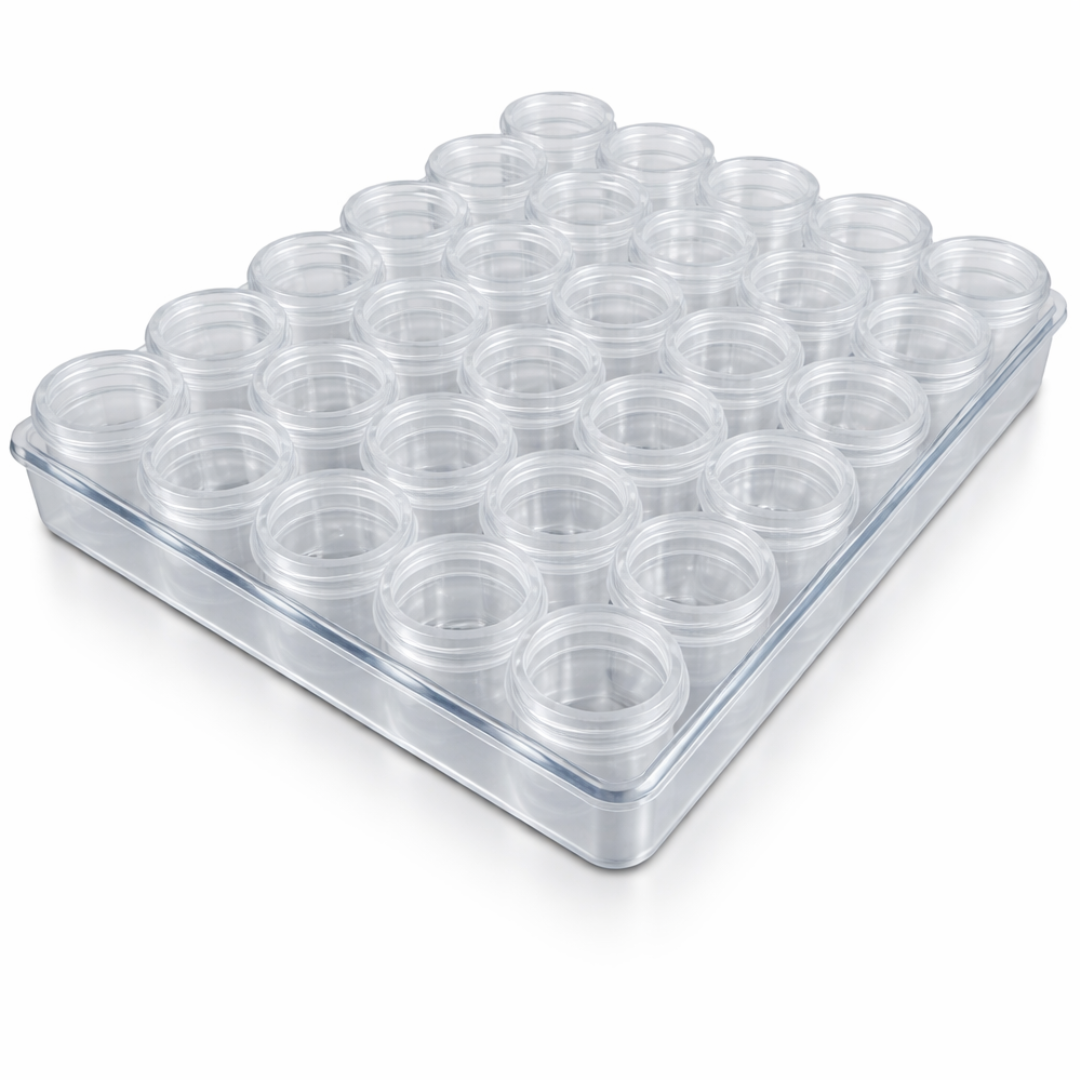30 Pc Crafter's and Collector's Clear Plastic Box Set | 30 Self-Closing Canisters 0.86" Diameter x 1" Tall | 6.25" (15.88 cm) x 5.25" (13.34 cm) Box | Perfect for Buttons, Beads & More! Visit the BIN BUDDY Store