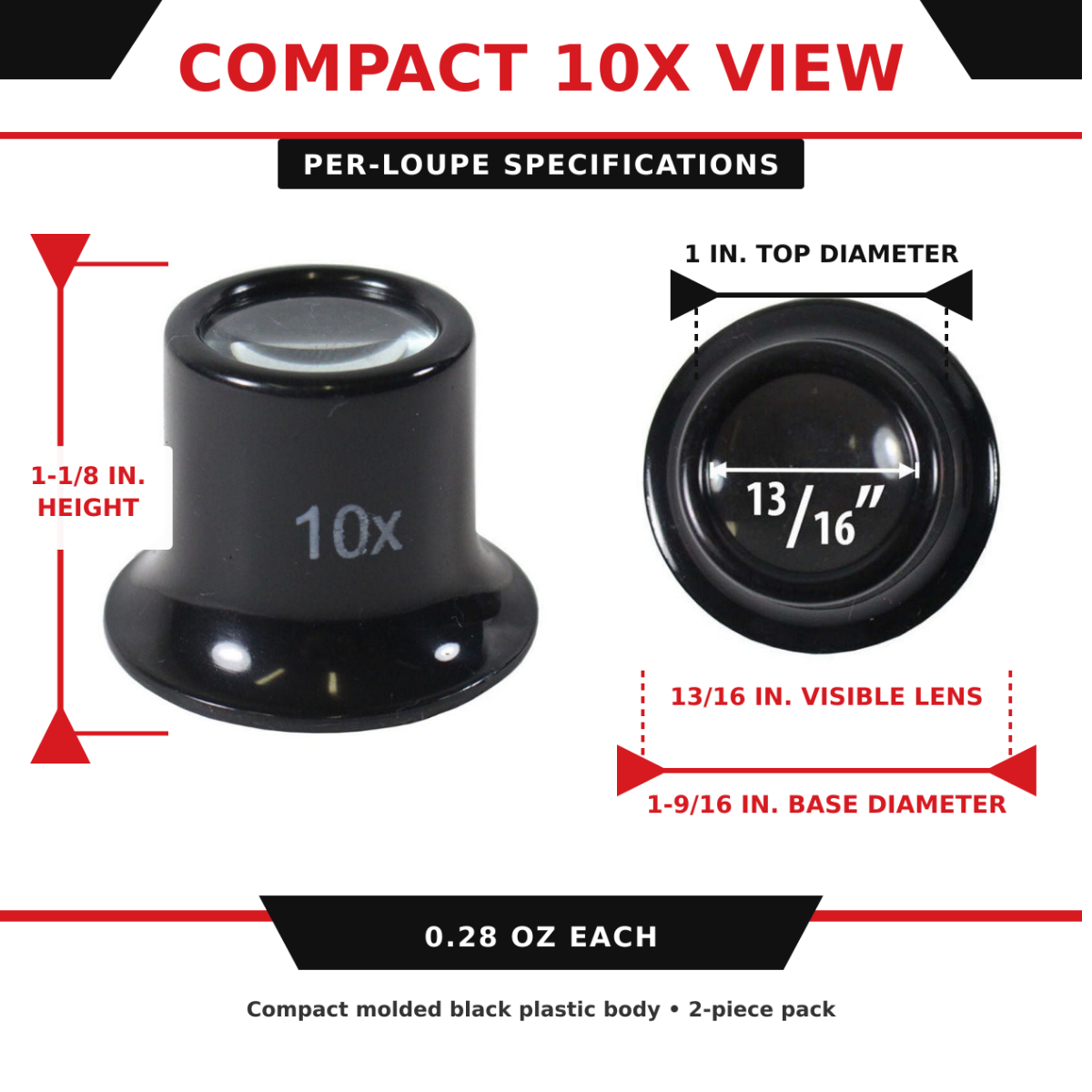2-Pack 10X Mini Eye Loupe Magnifiers, 13/16-Inch Visible Lens, Pocket-Size Black Plastic Jeweler's Loupes – MG-00920-Z02