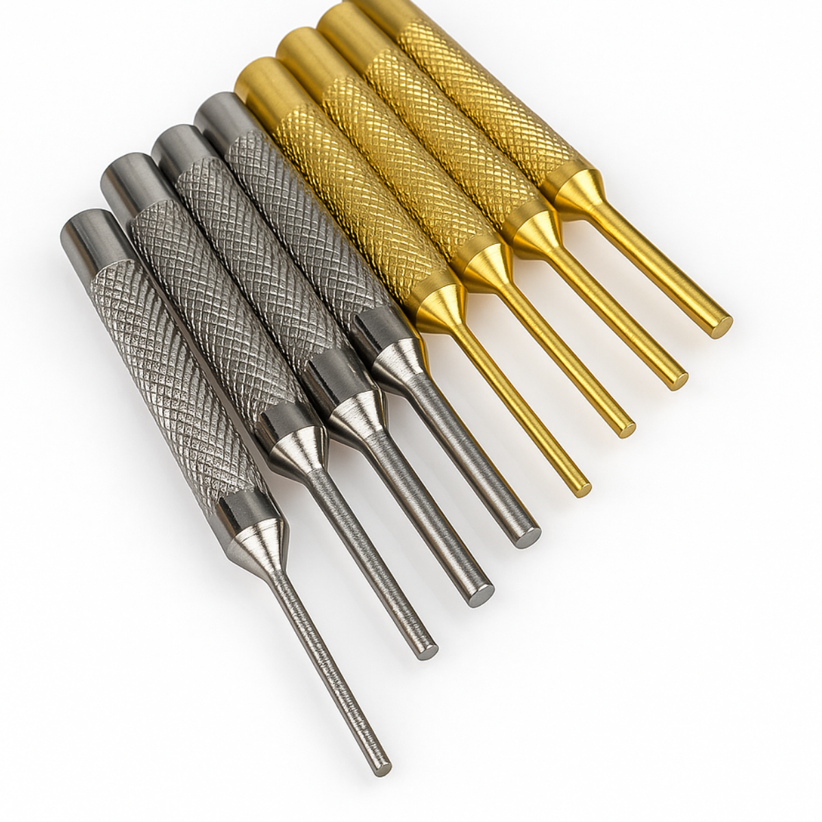 8 Piece Assorted Drive Pin Set | Brass & Steel | Stand with Lid Included