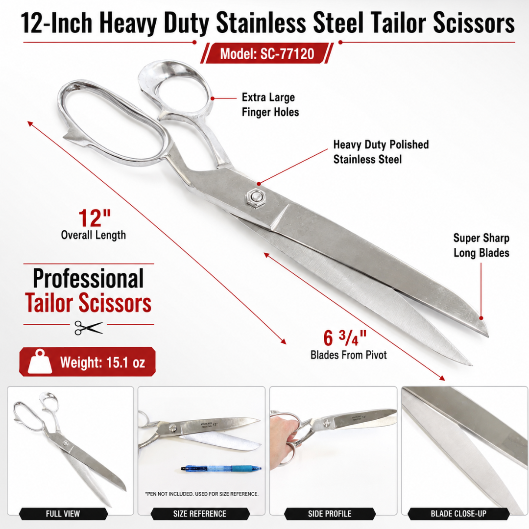 12-Inch Heavy Duty Stainless Steel Tailor Scissors, Professional Sewing Shears with Extra Large Finger Holes, Long Sharp Blades for Fabric Cutting, Sewing, Tailoring, Crafts – SC-77120
