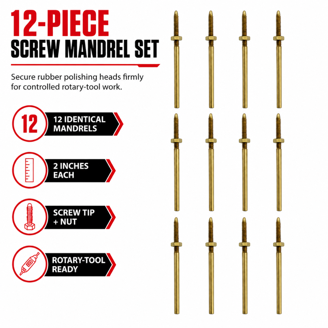 12-Piece Screw-Tip Mandrel Set for Rubber Polishing Heads – 2-Inch Rotary Tool Mandrels with Nut Fasteners for Jewelry, Metalworking and Detail Polishing – TJ-04-50032