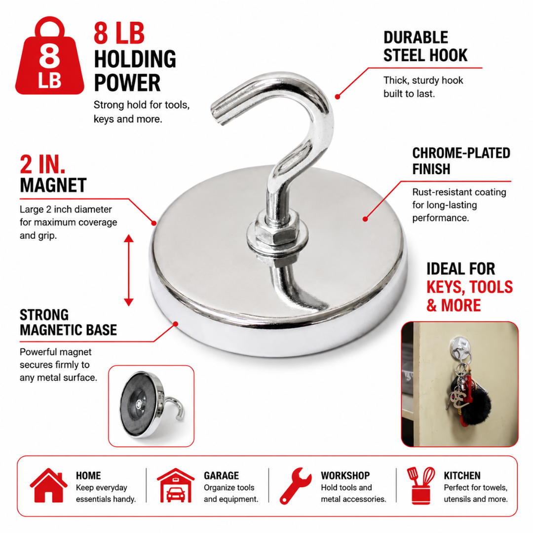 Magnetic Hooks 8 lb Pull, 2 Inch Round Magnet Hooks for Refrigerator, Grill, Garage, Office, Workshop & Storage, Heavy Duty Utility Hanging Hooks, Pack of 4
