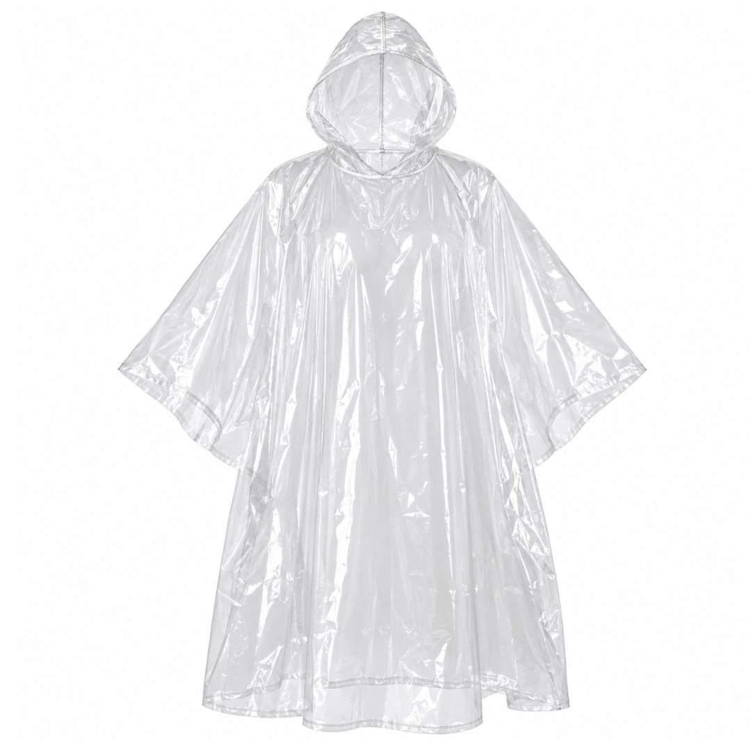 Adult Waterproof Rain Poncho with Hood – Clear Vinyl, Lightweight, Foldable & Compact, One Size Fits Most, Emergency Rain Gear for Camping, Travel, Festivals & Outdoor Activities