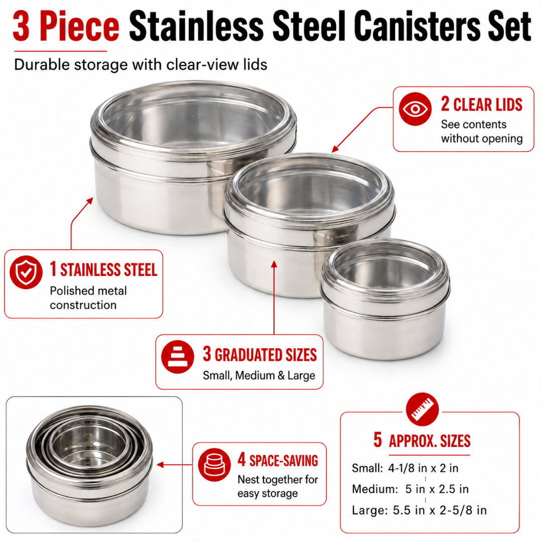 3 Piece Stainless Steel Canister Set with Clear View Lids, Nesting Food Storage Containers for Coffee, Tea, Sugar, Candy & Snacks, 3 Graduated Sizes – U-88010
