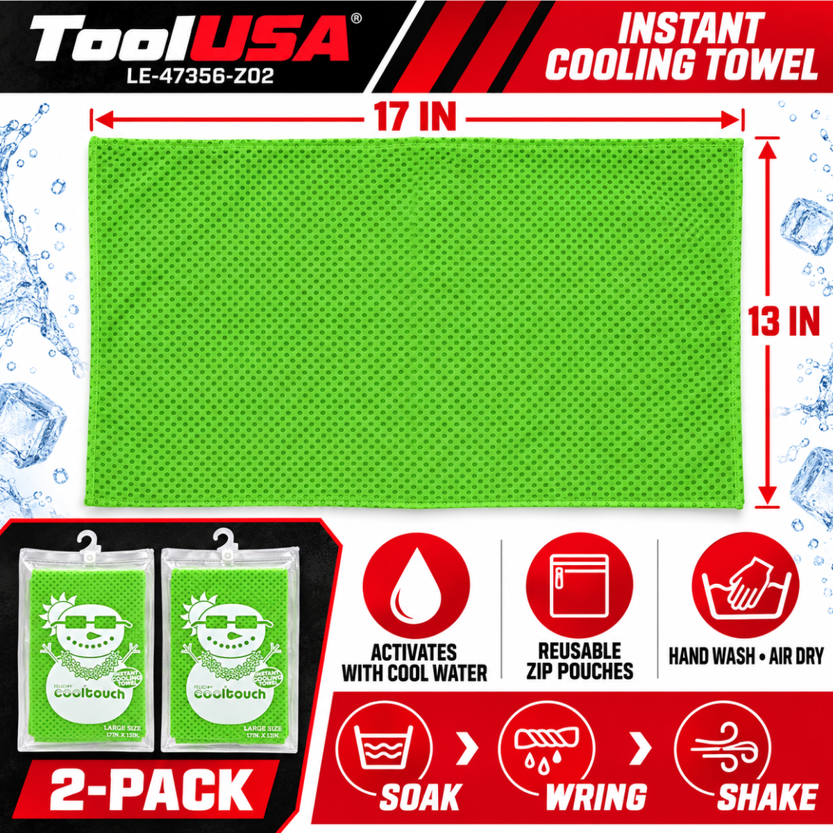 Instant Cooling Towels, 17 x 13 Inch, Reusable Water-Activated Sports Towels with Zipper Pouches, Pack of 2, Lime Green – LE-47356-Z02