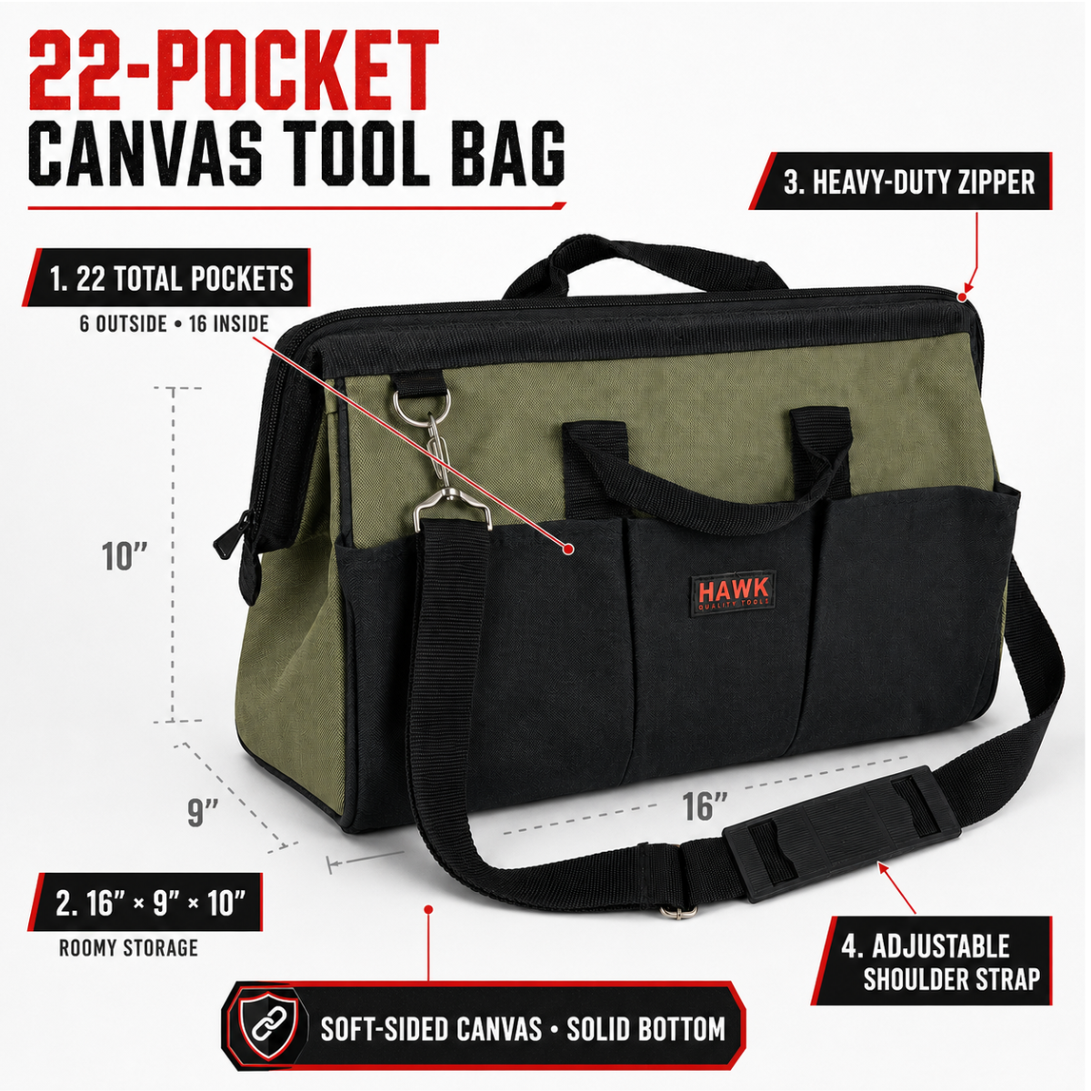 16-Inch Heavy Duty Canvas Tool Bag with 22 Pockets, Wide-Mouth Zippered Tool Organizer with Solid Bottom, Carry Handles and Adjustable Removable Shoulder Strap