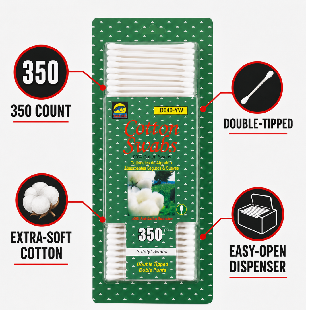 350-Count Double-Tipped Cotton Swabs with Easy-Open Dispenser Box, Soft Cotton Tips for Beauty, Personal Care, Crafts, Cleaning and Detail Work
