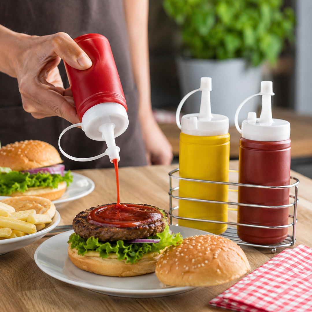 Condiment Squeeze Bottles, 5 oz Plastic Sauce Dispensers with Attached Nozzle Caps, Reusable Bottles for Ketchup, Mustard, Dressings and BBQ Sauce, Red Yellow Brown, 3-Pack