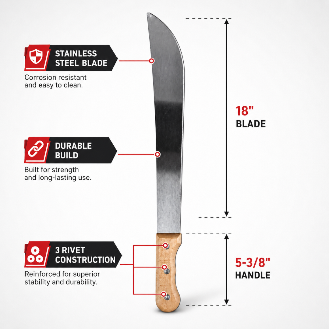 18-Inch Machete with 5-3/8-Inch Wooden Handle, Long Curved Metal Blade with 3-Rivet Construction for Cutting Tall Grass, Weeds, Brush and Garden Overgrowth