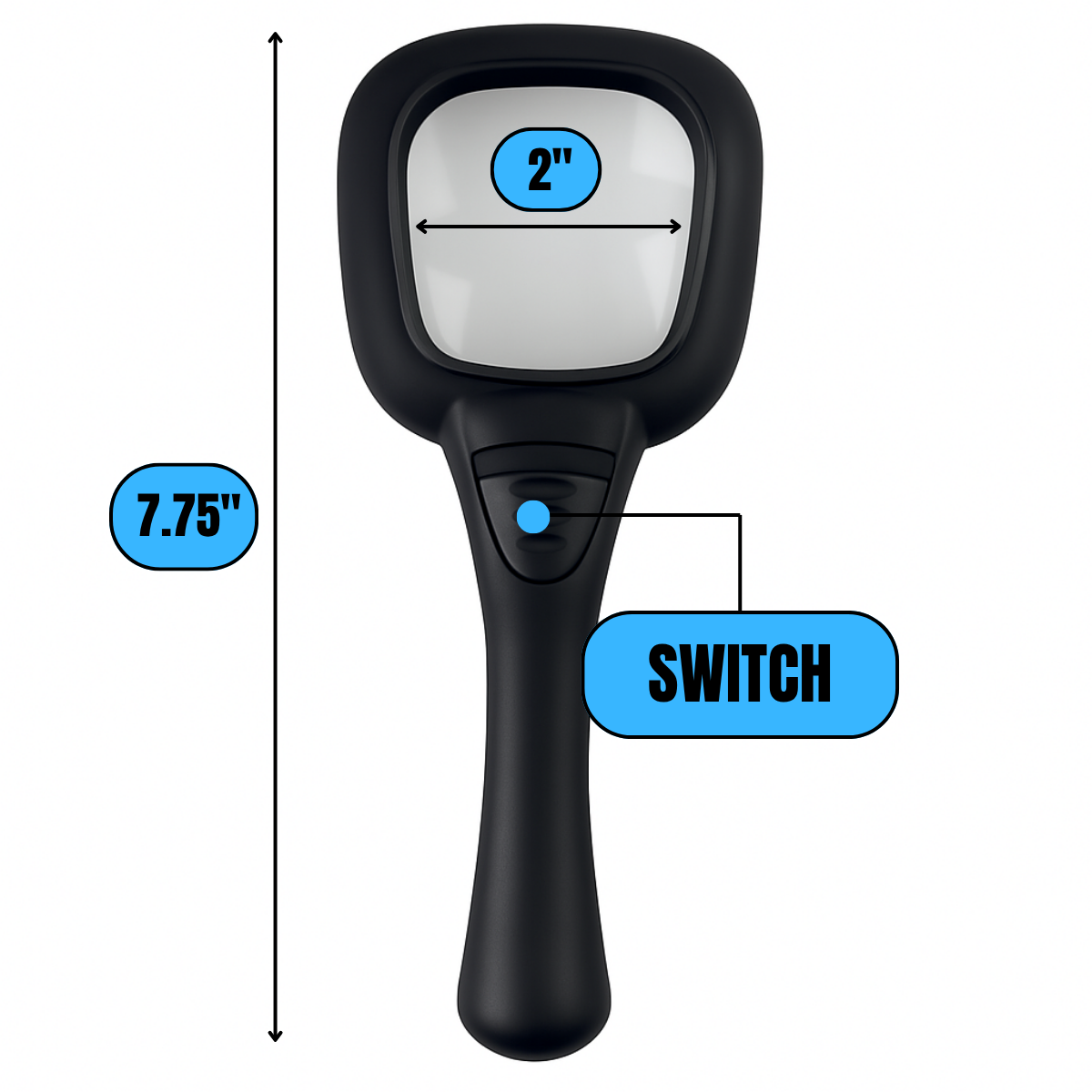 LED Illuminated 4X Handheld Magnifier with UV Light – 2"x2" Lens, 7.75" Long – Ideal for Reading, Coins, and Stamps