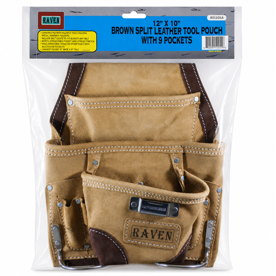 13 x 9.5 Inch Brown Split Leather Tool Pouch with 9 Pockets, Heavy Duty Tool Belt Pouch with 2 Metal Hammer Holders, Riveted Belt Loop, Construction Carpenter Roofer Mechanic Utility Pouch