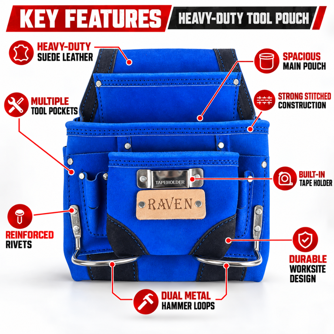 RAVEN Heavy Duty Suede Leather Tool Pouch, Multi-Pocket Carpenter Tool Holder with Dual Metal Hammer Loops, Tape Measure Holder, Reinforced Rivets & Belt Attachment, Blue