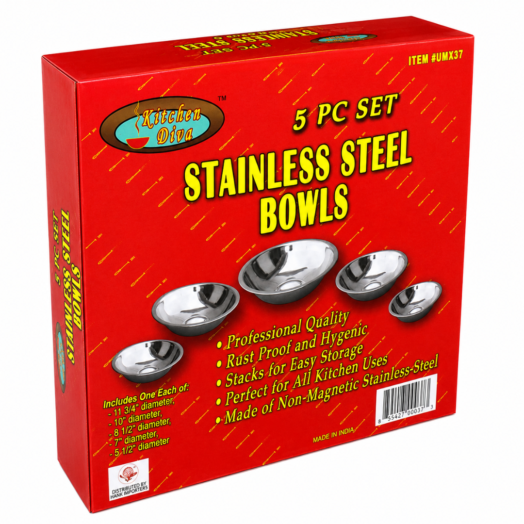 5 Piece Stainless Steel Mixing Bowl Set – Nesting Kitchen Prep, Mixing & Serving Bowls – 5.5", 7", 8.5", 10" & 11.75" Diameters – Space-Saving Stackable Design