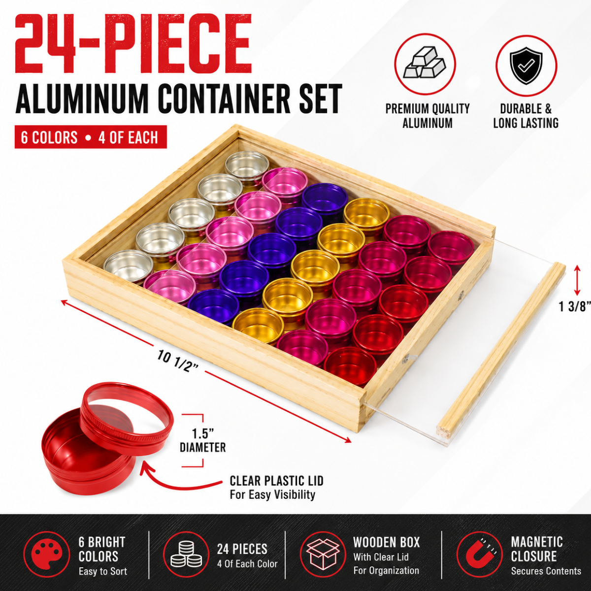 24 Piece Multi-Color Aluminum Storage Container Set with Clear Lids, 1.5 Inch Round Jars in Wooden Display Box, Small Organizer Tins for Gems, Beads, Coins, Crafts, Findings & Small Parts